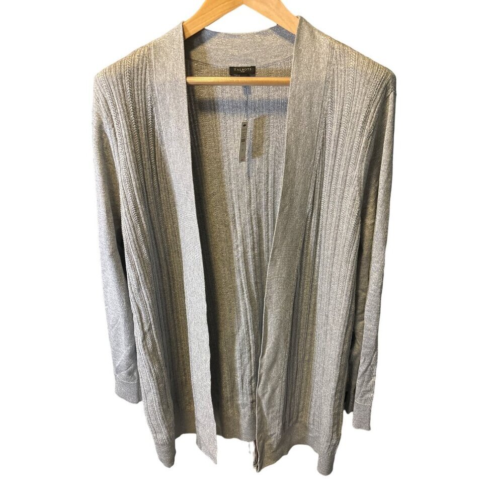 Talbots NWT Plus Grey Metallic Thread Long Sleeve Open Knit Cardigan SZ 2XL